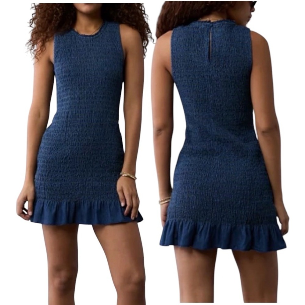 NWT American Eagle Smocked Ruffle Hem Denim Mini Dress Blue Size XS Bodycon